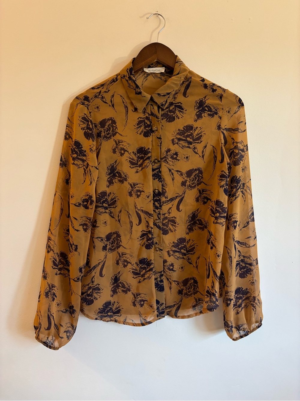 BUCKETLIST brown and navy Floral Button-Down Blouse